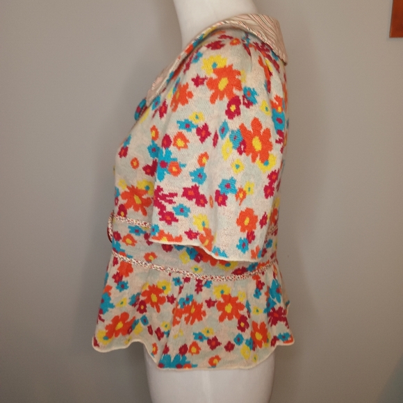 Anthropologie HWR Wool Short Sleeve Floral Button Front Sweater - Picture 2 of 4